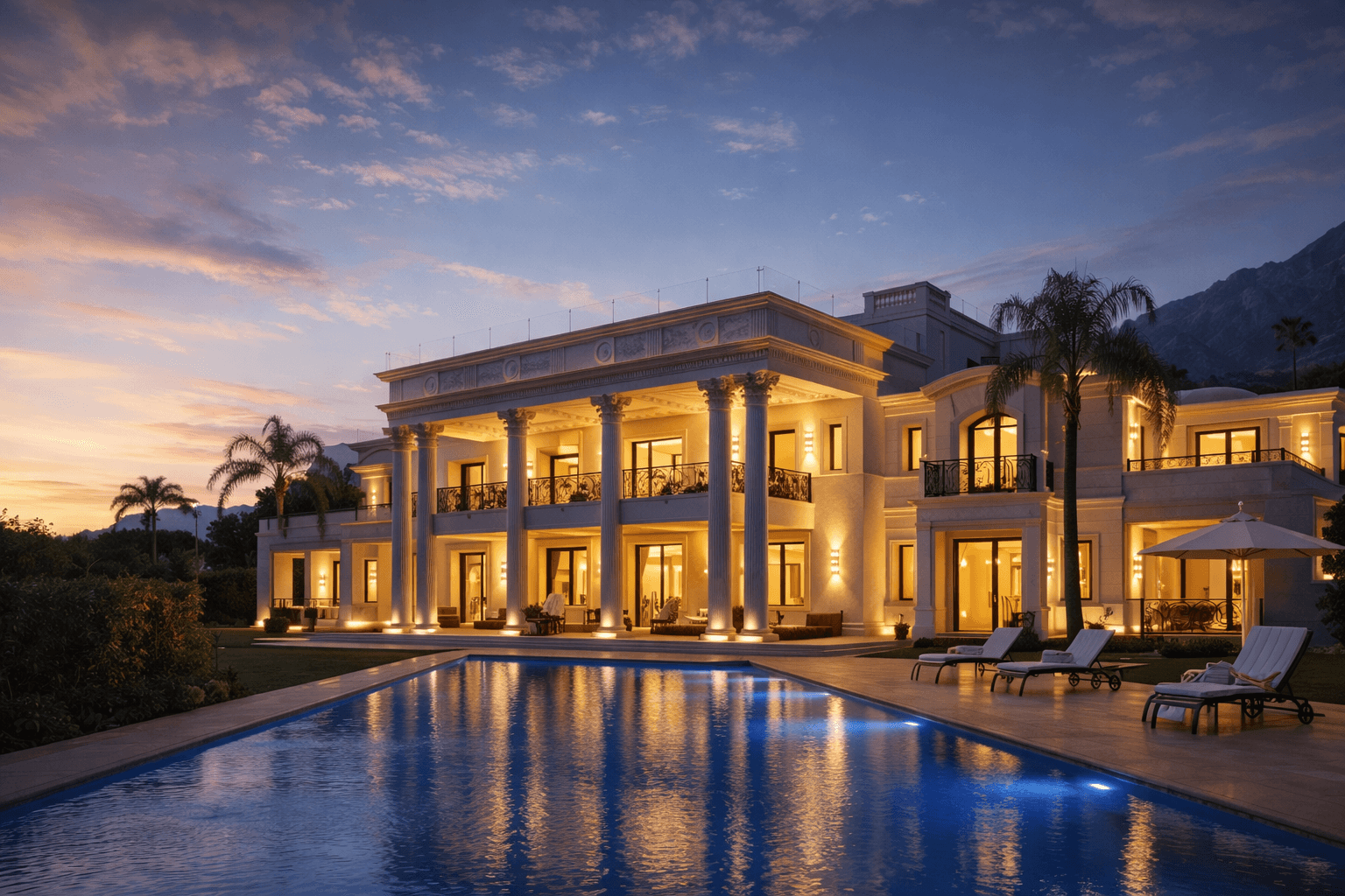Mediterranean property with terrace and pool at dusk